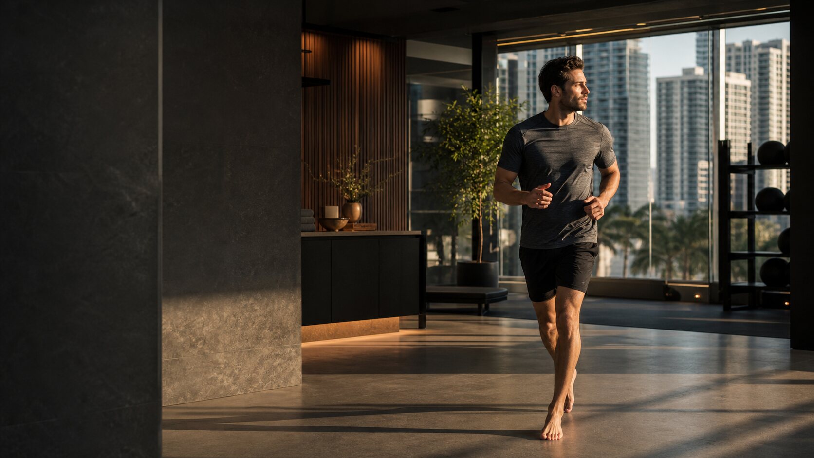Athletic professional moving through a wellness studio overlooking Brickell