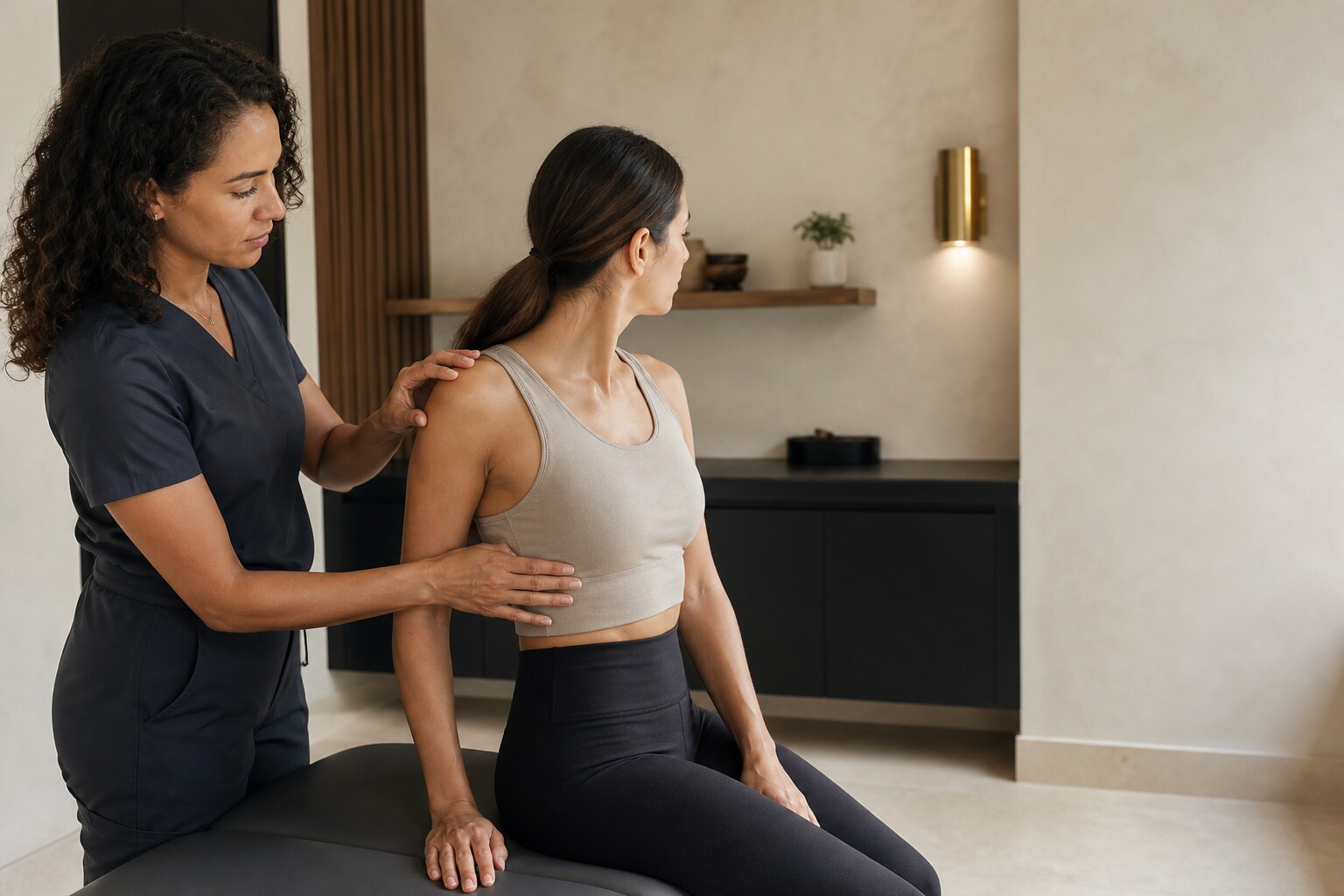 Clinician assessing a patient's shoulder and upper-back movement