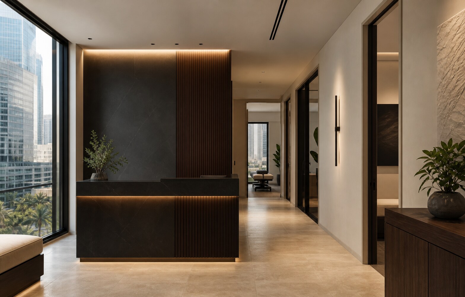 Warm stone, matte black, and walnut clinic interior concept